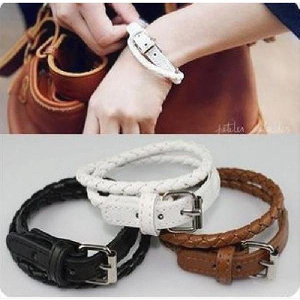 3つ編み＆ベルトデザイン 2連レザーブレスレット 「ホワイトorブラウンorブラックカラー」メンズ＆...
