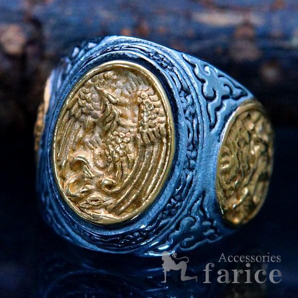 鳳凰 フェニックス 不死鳥 龍 ドラゴン 和柄 和風 印台 ゴールドカラー エンブレム メンズ ステ...