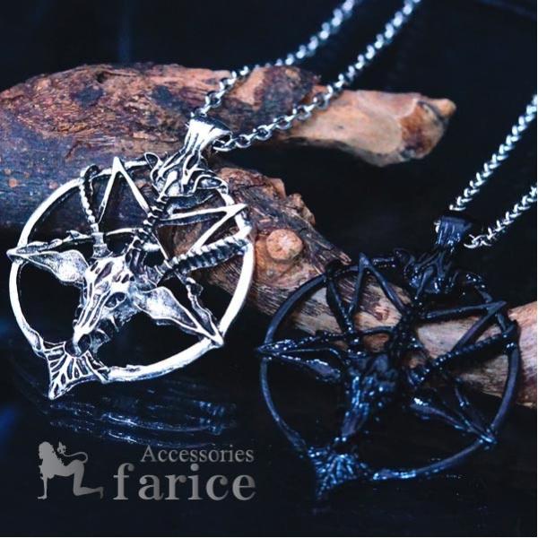 キリスト教 山羊の頭を持つ悪魔 バフォメットデザイン デビルスター 逆五芒星 メンズ ペンダント ネ...