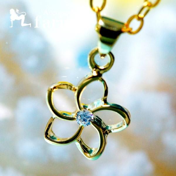 一輪プルメリア クリアキュービックジルコニア装飾 イエローゴールド仕上げ ハワイアンジュエリー シル...