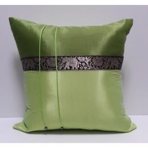 タイシルク クッションカバー 象柄 ライトグリーン＊ゴールドグリーン（アジアンインテリア）カバーのみ