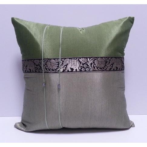 タイシルク クッションカバー 象柄 ゴールドライトグリーン＊ゴールドグリーン（アジアンインテリア）カ...