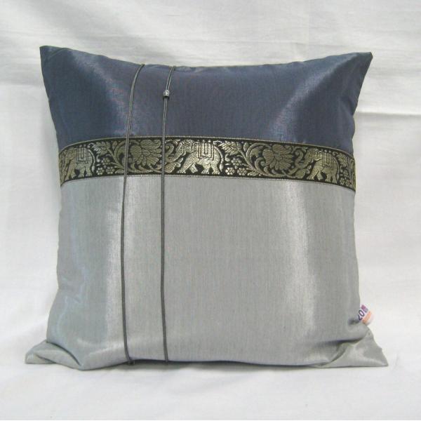 タイシルク クッションカバー 象柄 ブルーグレイ＊シルバー（アジアンインテリア）カバーのみ