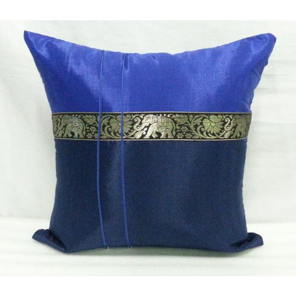 タイシルク クッションカバー 象柄 ブルー＊ダークブルー （アジアンインテリア）カバーのみ