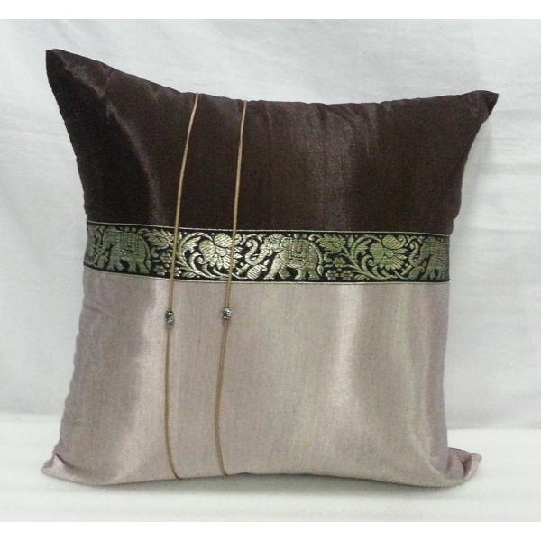 タイシルク クッションカバー 象柄 ダークブラウン＊ピンクベージュ （アジアンインテリア）カバーのみ