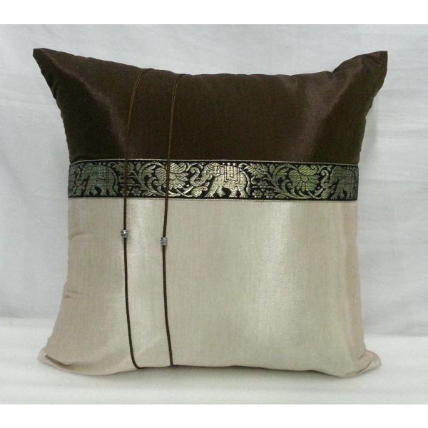 タイシルク クッションカバー 象柄 ダークブラウン＊ベージュ （アジアンインテリア）カバーのみ