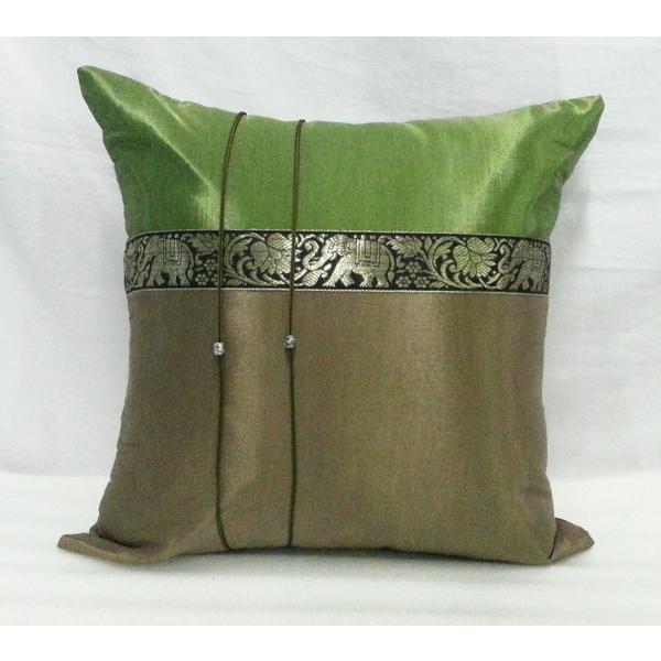 タイシルク クッションカバー 象柄 グリーン＊ゴールドベージュ （アジアンインテリア）カバーのみ