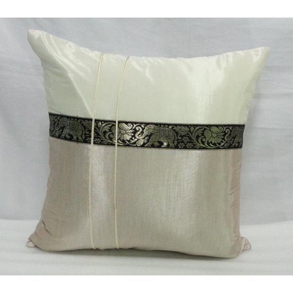 タイシルク クッションカバー 象柄 ホワイト＊ベージュ （アジアンインテリア）カバーのみ