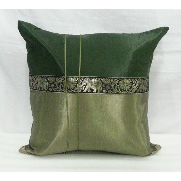 タイシルク クッションカバー 象柄 ダークグリーン＊ゴールドグリーン （アジアンインテリア）カバーの...