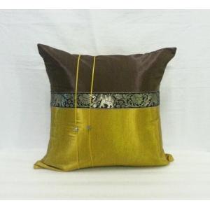 タイシルク クッションカバー 象柄 ゴールド（アジアンインテリア）カバーのみ