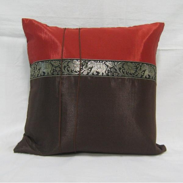 タイシルク クッションカバー 象柄 ダークブラウン（アジアンインテリア）カバーのみ
