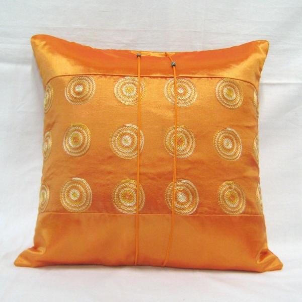 タイシルク クッションカバー 刺繍 オレンジ（アジアンインテリア）カバーのみ