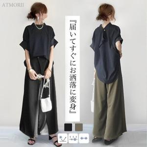 トップス ガウチョパンツ ブラウス レディース 2点セット上下セット セットアップ ゆったりワイドパンツ セットアップ 日系