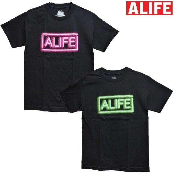 al-ts001 alife　エーライフ ネオン半袖Tシャツ  ブラックグリーン/ブラックピンク