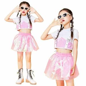 ヒップホップ ダンスウェア キッズ 上下２点セット 子供服 ス 半袖 へそ出し スカート ダンス衣装 女の子 ジャズダンス スパンコール キラキラ｜fashionista-peony