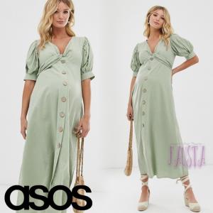 エイソス マタニティ ワンピース 春 夏 asos フロントボタン ツイストデザイン マキシ丈 ロング モスグリーン AM003｜faustaby