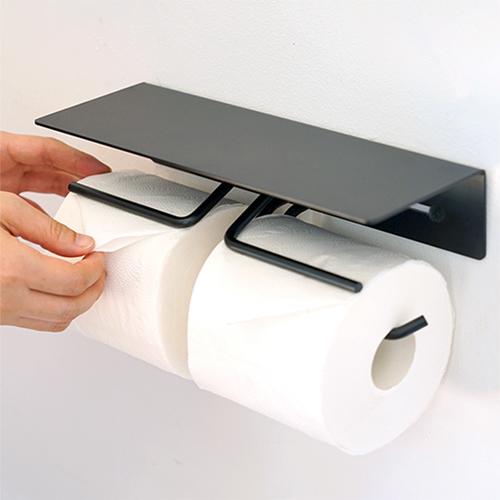 put ペーパーホルダー ダブル アイアン トイレットペーパーホルダー 2連 棚付 鉄 ブラック イ...