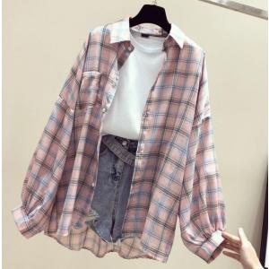 チェック柄シャツ シンプル カジュアル 日常 休日 スタンダード 日焼け防止 上着 重ね着 Lサイズ オレンジ グリーン レディース トップス 送料無料