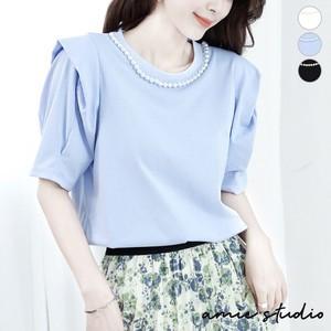 半袖パールネックプルオーバー 華やか大人可愛い 全3色 ランタンスリーブ 二の腕 OLオフィスカジュ...