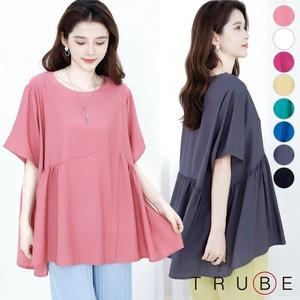 夏物ギャザーディティール五分袖フレアトップス ゆったり大きめ 首元すっきりラウンドネック カジュアル...