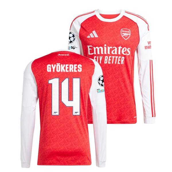 ●アーセナル 25-26 ホーム 長袖 ユニフォーム No.14 ギェケレシュ (CLフルパッチ)【...