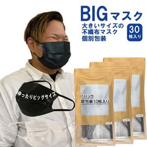 大きなマスク 大きいサイズの不織布マスク 2Lサイズ 個別包装 快適な立体マスク3層 立体型３Dマスク 耳が痛くならない6mm紐 ブラック  30枚 フェザーストア
