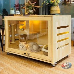 木製猫ケージ 猫の家 透明アクリル扉 松材 90×60×60cm 飼い猫の展示棚風 しっかり収納＆くつろぎ 空間をおしゃれに見せるキャットハウス