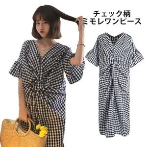 ワンピースレディースチェック柄ミモレワンピースロングワンピースリバーシブル半袖フレアスリーブゆったりストレート個性的カジュアル