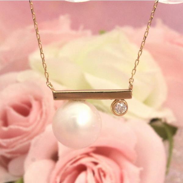 イエローゴールド 淡水パール タンスイパール ネックレス バータイプ 真珠 ダイヤ＆パールネックレス...