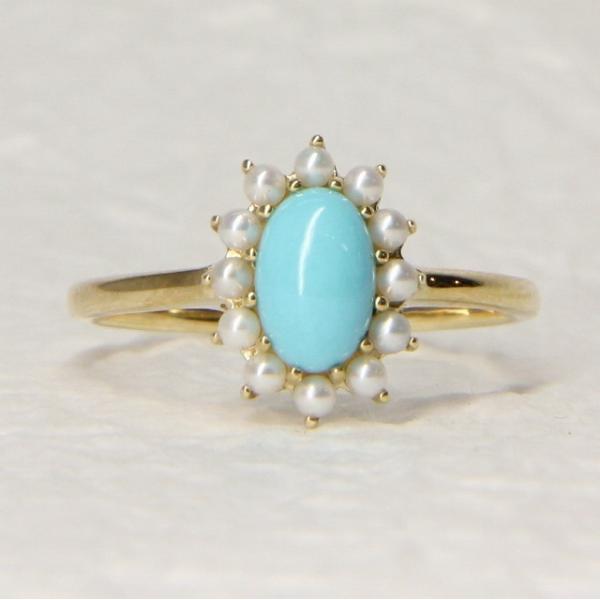 K10イエローゴールド ターコイズ トルコ石 ベビーパール クラシカル リング 指輪 fefプライス