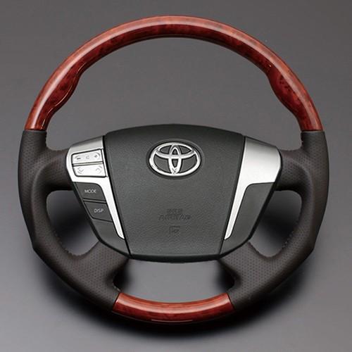 クラウン 200系 艶あり茶木目 x ダークグレー ガングリップ ウッド パンチング本皮調レザーステ...