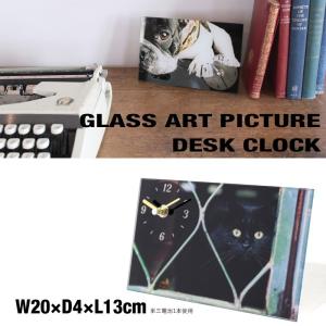置き時計 おしゃれ ネコ 猫 キーストーン ガラスアートピクチャー デスククロック キャット A｜feijoa