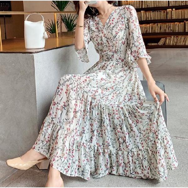 ロングワンピース 花柄 シフォン フレア Aライン 上品さ溢れるワンピース