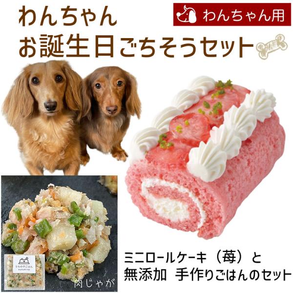 わんちゃんお誕生日ごちそうセット ミニロールケーキ（苺）と手作り 犬用ごはん 肉じゃがのセット 送料...