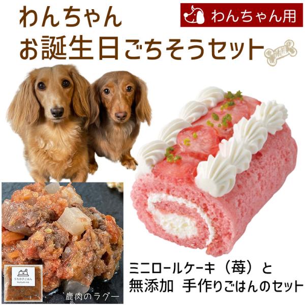 わんちゃんお誕生日ごちそうセット ミニロールケーキ（苺）と 無添加 手作り 犬用ごはん 鹿肉のラグー...