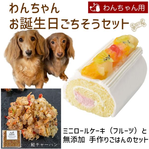 わんちゃんお誕生日ごちそうセット ミニロールケーキ（フルーツ）と 無添加 手作り 犬用ごはん 鮭チャ...