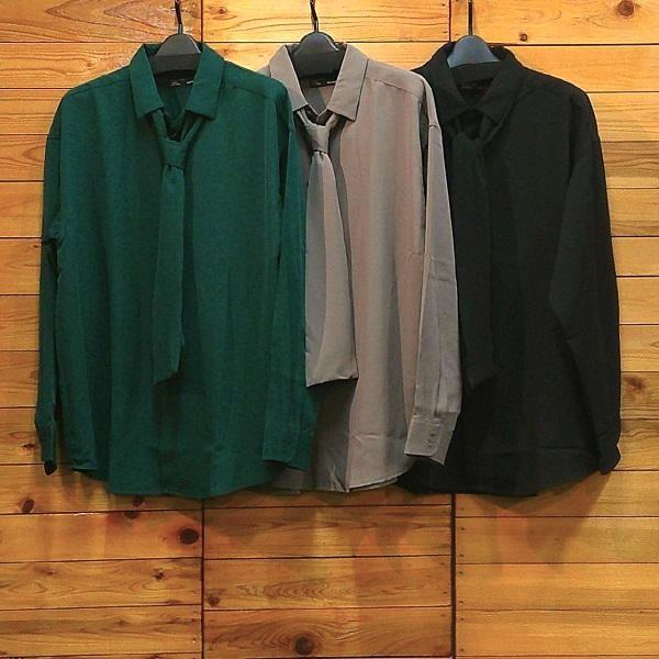 ビッグシルエット 長袖 ポリエステルシャツ ナチュラルストレッチ ルーズサイズ ネクタイ付き 無地 ...