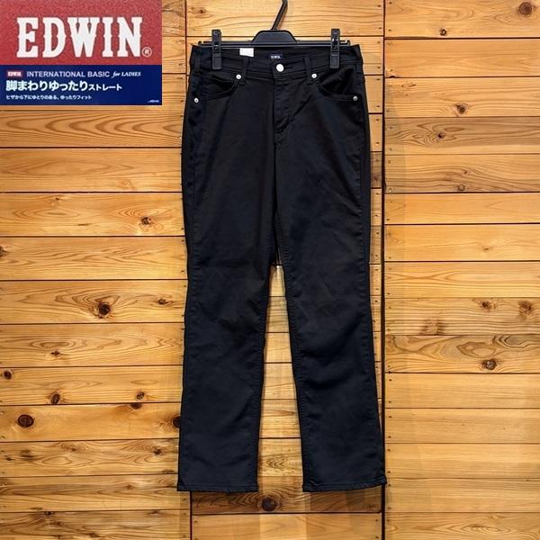 EDWIN レディース ストレッチ カラージーンズ ブラック ツイル ME443 脚回りゆったりスト...