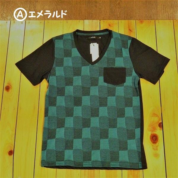 半袖tシャツ メンズ カットソー V首 ブロックチェック プリントt 無地 丸首 カラー杢 タイトシ...