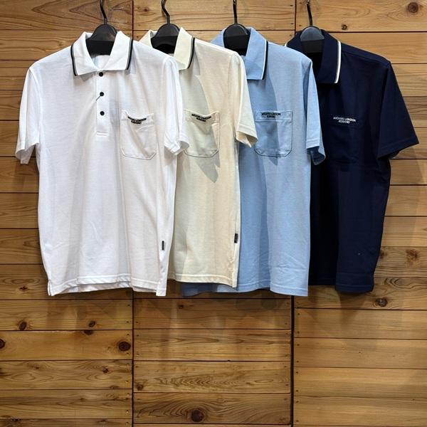 半袖 ポロシャツ メンズ トップス 鹿の子 ワンポイント 胸ポケット 衿ライン ベージュ サックス ...