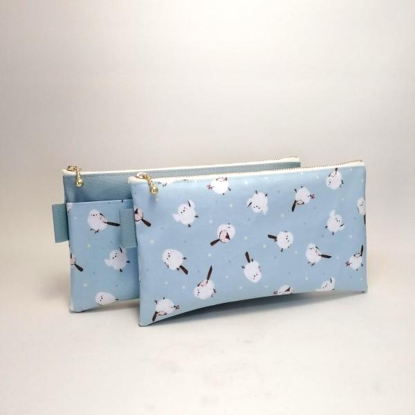 ポーチ　シマエナガ柄ブルー　マスクポーチ / 通帳ポーチ / マスクケース 【受注製作】