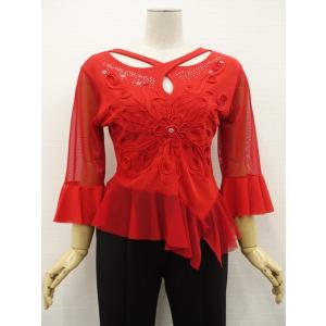 レイリーナ Leirena 洗える フリルスリーブ 七分袖 デザインネック レースカットソー ダンス...