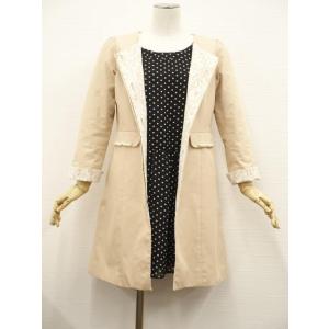 pink adobe等 長袖ノーカラーコート+七分袖膝丈シフォンワンピース コーディネート2点セット M相当 ベージュ 黒地 白 水玉 フェミニン系 20代〜