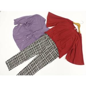 VIS等 七分袖カットソー+長袖ブラウス+スリムパンツ コーディネート3点セット M相当 赤 紫 茶...