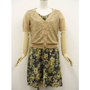 TALBOTS等 半袖ニットカーディガン+膝丈シフォンワンピース コーデ2点セット S相当 茶 紺地...