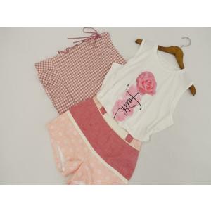 evelyn等 カットソー+パンツ+スカート コーデ3点セット S 白地 ピンク バラ＆英字プリント...
