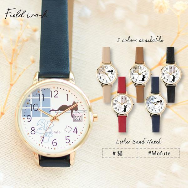 腕時計 レディース 革ベルト 日付 カレンダー ニャカレ ネコ 猫 可愛い 動物 アニマル モフッテ...