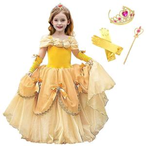 美女と野獣 ベル Belle 風 子供 用 コスチューム 豪華4点セット ( プリンセスドレス , ティアラ , グローブ , ステッキ ) 110 120 130 140 150 CREDIBLE
