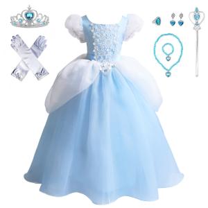 シンデレラ ドレス 子供 コスプレ 衣装 豪華８点 セット ( ドレス 手袋 ティアラ ステッキ ネックレス イヤリング 指輪 など ) 100 110 120 130 140 CREDIBLE