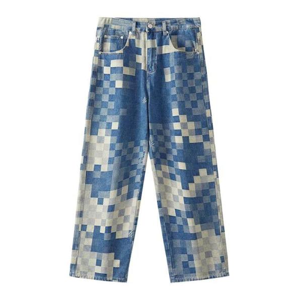 モザイク柄 ジーンズ ストレート ワイド 大きいサイズ メンズ 秋冬 デニムパンツ ウォッシュ加工 ...